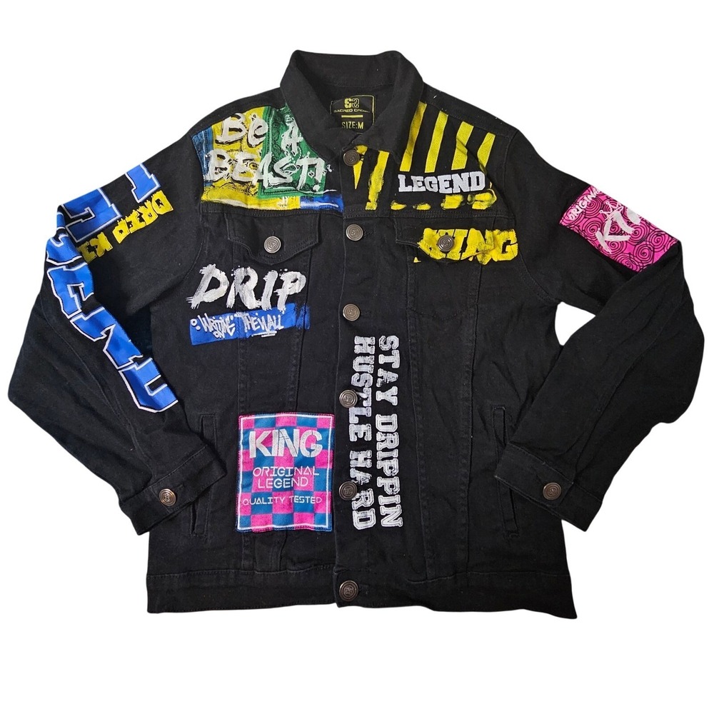 Black Graphic Patchwork Denim Jacket - Streetwear Style